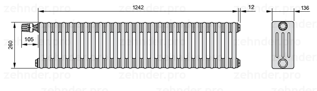 Схема (чертеж) Радиатор Zehnder Charleston 4026/27 №V012 Белый глянцевый RAL 9016